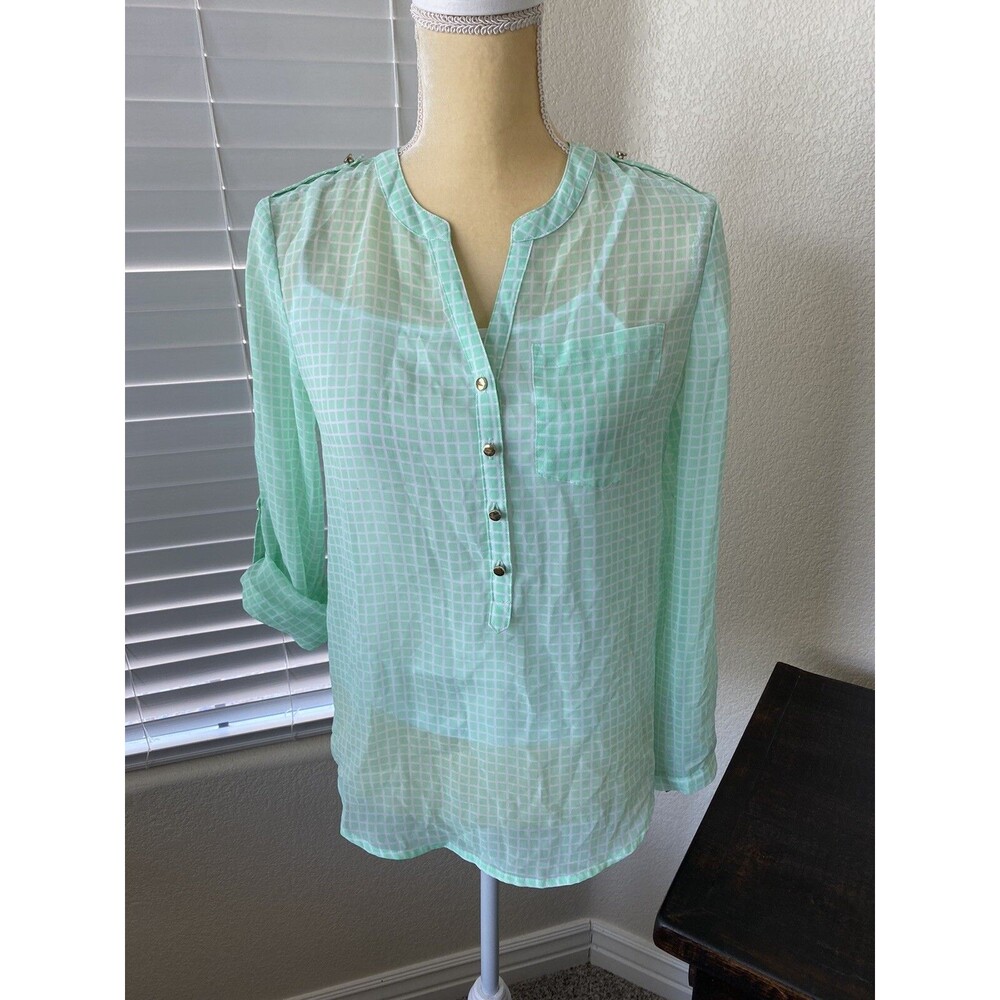 NWT Apt 9 Sheer Mint Green & White Checked blouse w/Attached White Tank SZ PXS